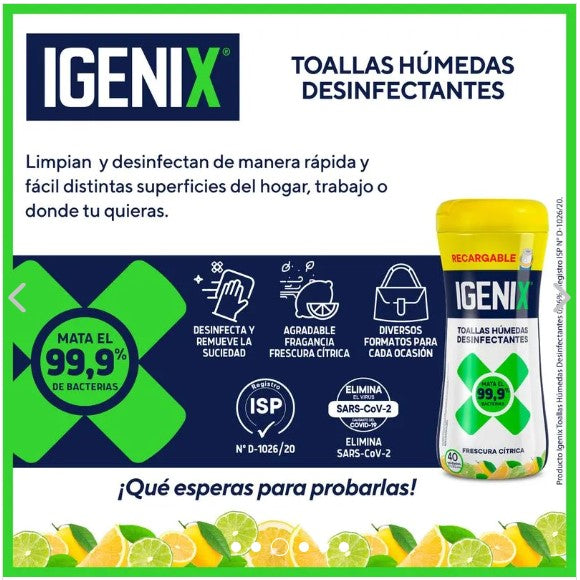 Igenix Toallas Húmedas Desinfectantes Frasco 40 un